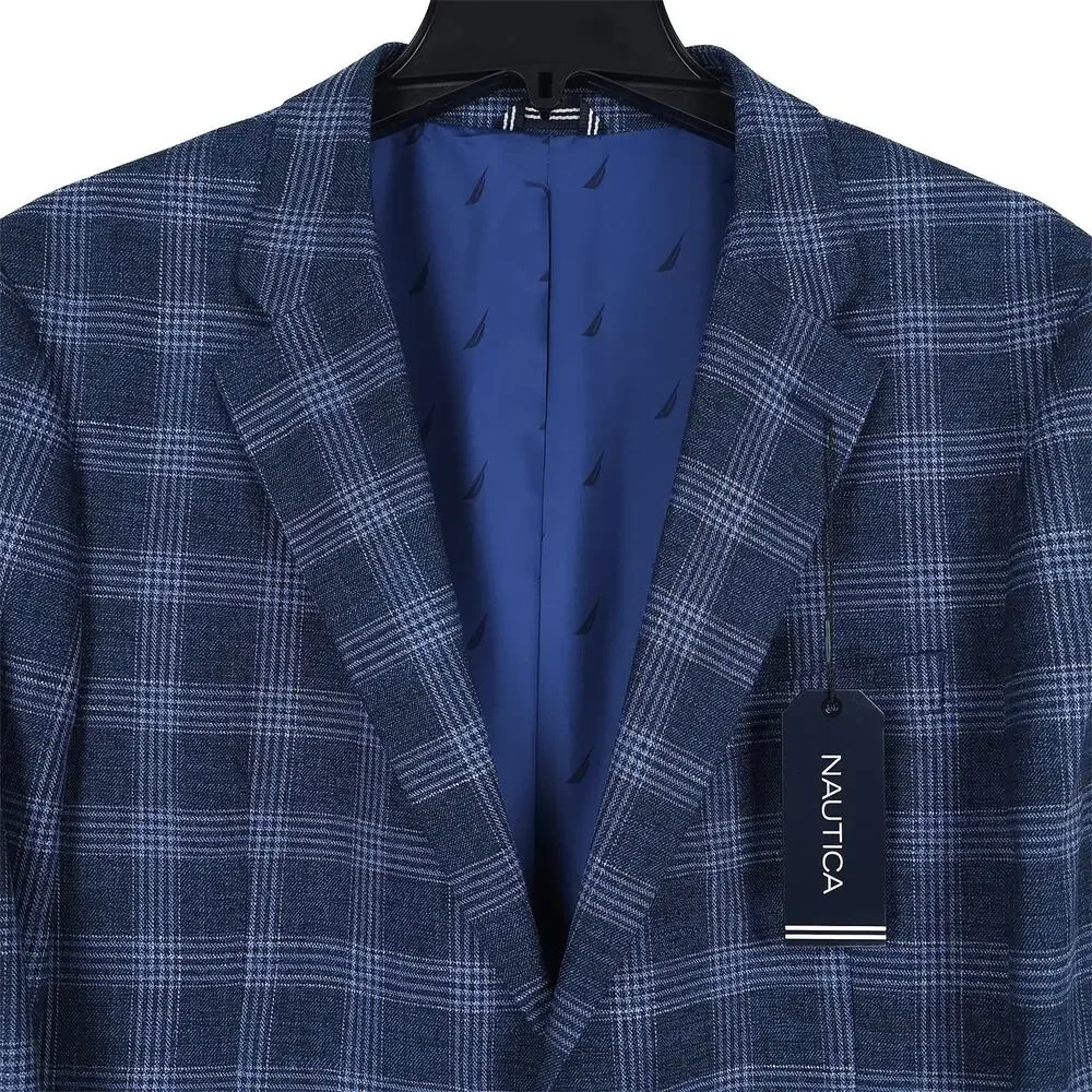 Nautica Mens Modern Fit Sport Coat Blazer 44S Navy Blue Plaid Stretch NWT